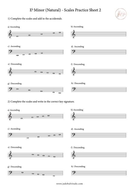 Scale Worksheet, Eb Minor (Natural)- with key signatures and accidentals
