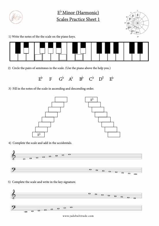 Scale Worksheet, Eb Harmonic Minor, learning the notes