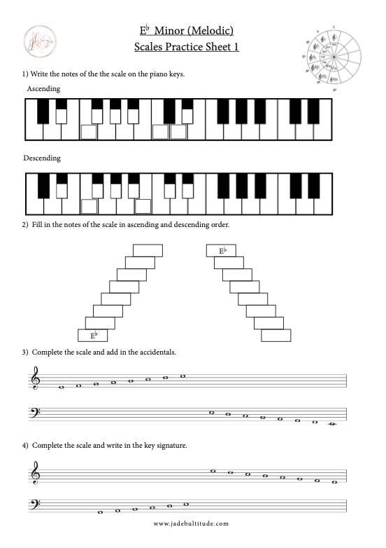 Scale Worksheet, Eb Melodic Minor, learning the notes