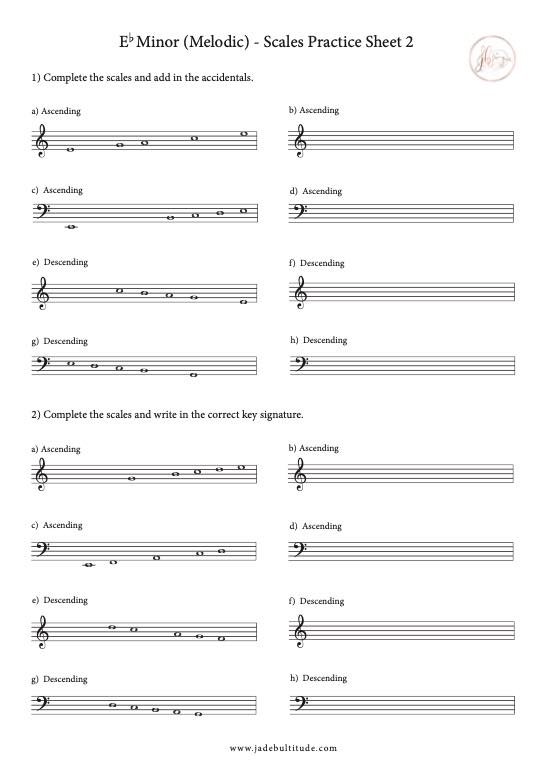 Scale Worksheet, Eb Melodic Minor, key signatures and accidentals