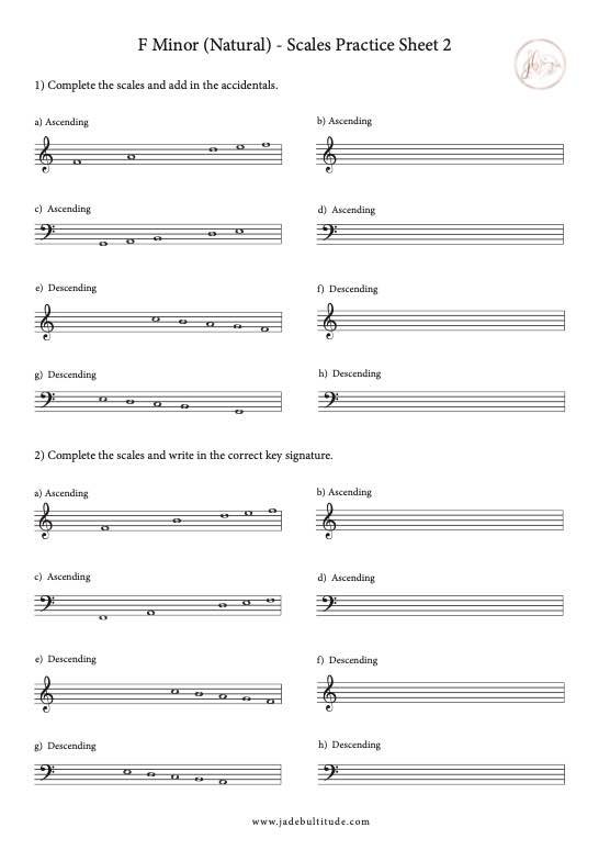 Scale Worksheet, F Minor (Natural)- with key signatures and accidentals