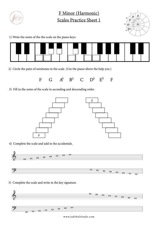 Scale Worksheet, F Harmonic Minor, learning the notes