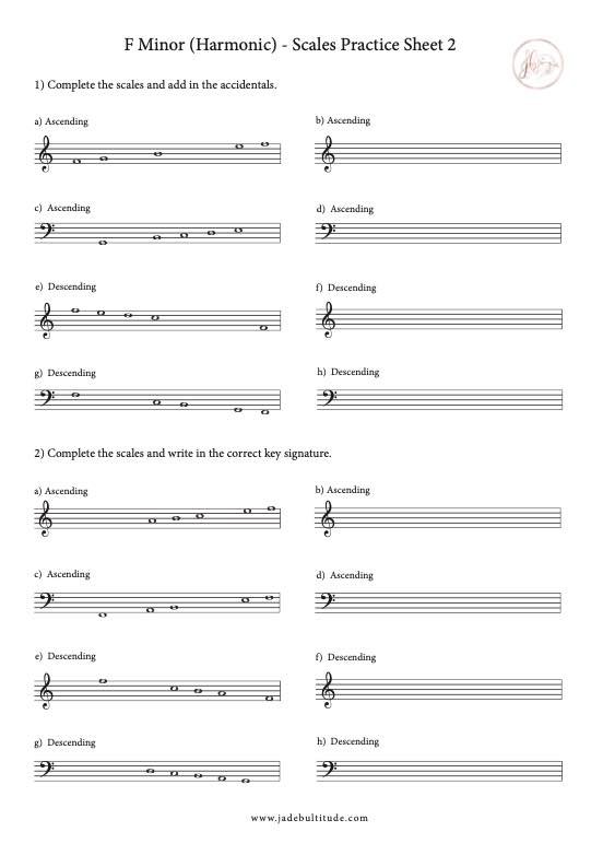 Scale Worksheet, F Harmonic Minor, key signatures and accidentals