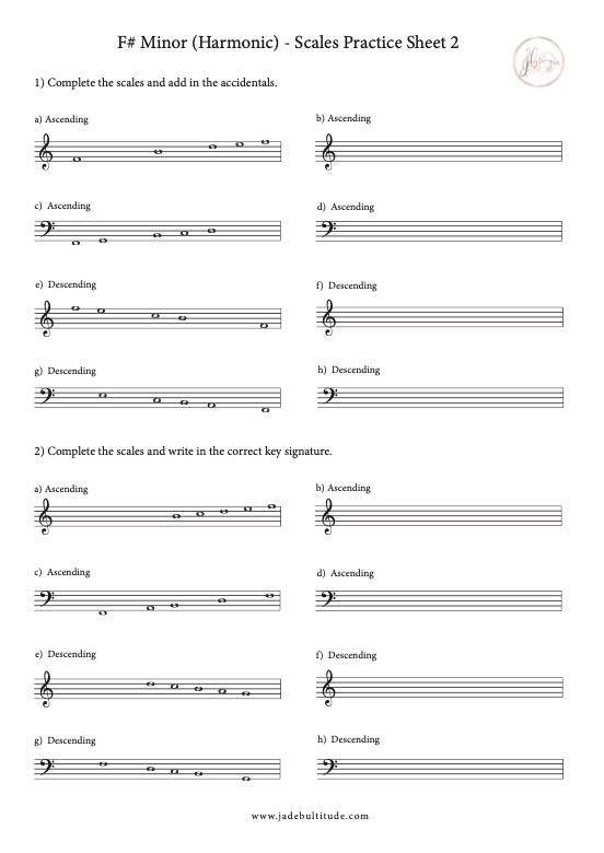 Scale Worksheet, F# Harmonic Minor, key signatures and accidentals