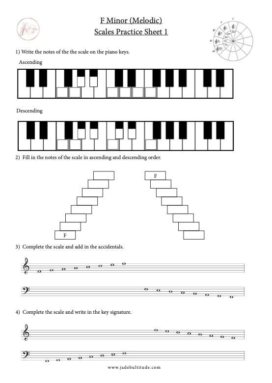 Scale Worksheet, F Melodic Minor, learning the notes