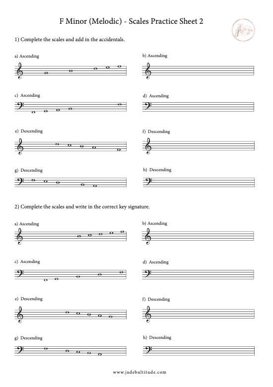 Scale Worksheet, F Melodic Minor, key signatures and accidentals