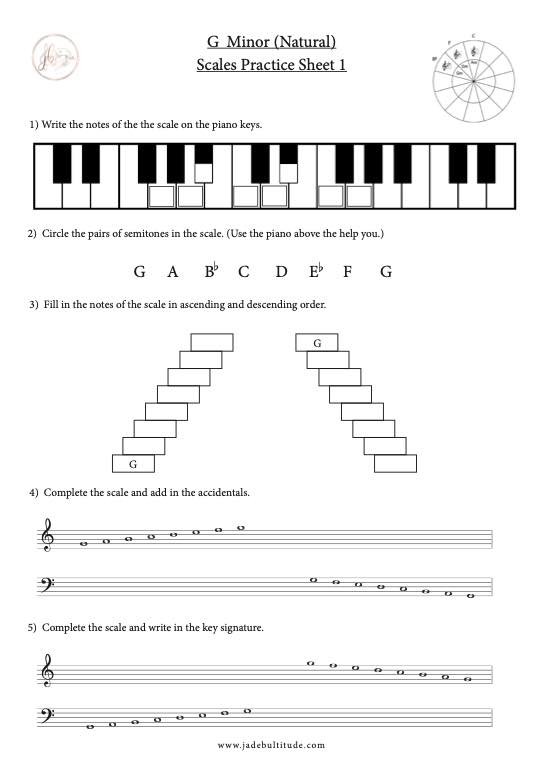 Scale Worksheet, G Minor (Natural), learn the notes
