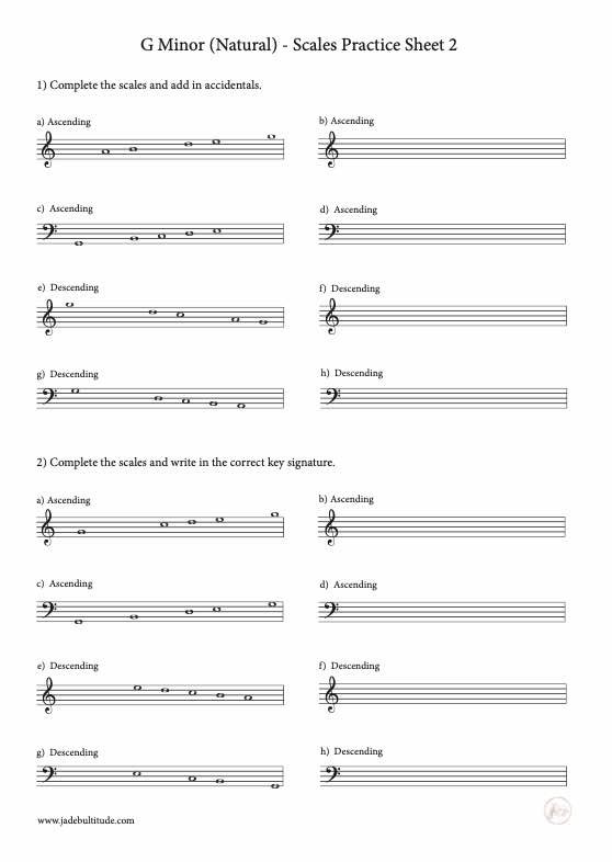 Scale Worksheet, G Minor (Natural)- with key signatures and accidentals