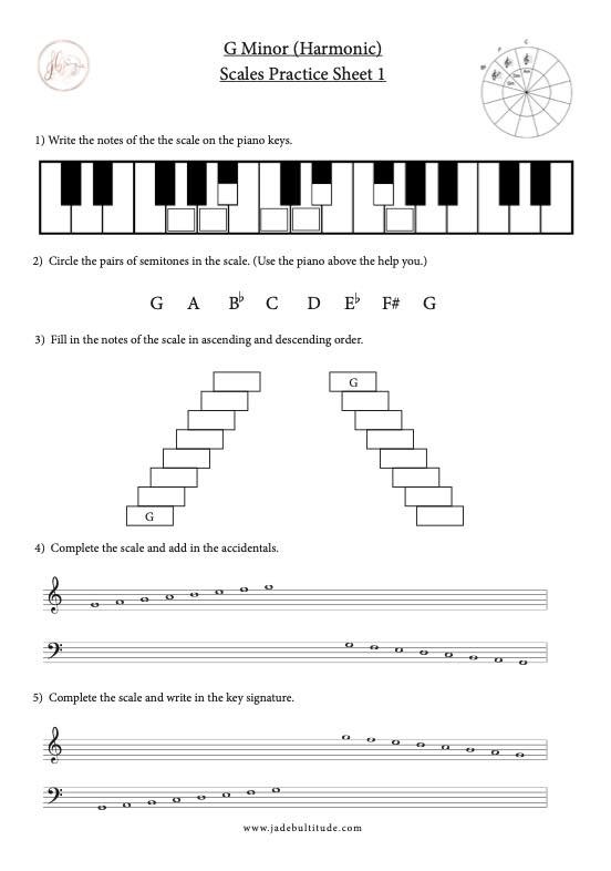 Scale Worksheet, G Harmonic Minor, learning the notes