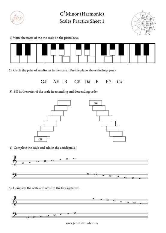 Scale Worksheet, G# Harmonic Minor, learning the notes