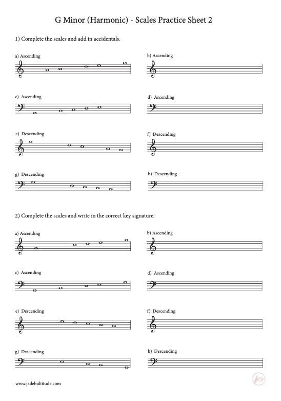 Scale Worksheet, G Harmonic Minor, key signatures and accidentals
