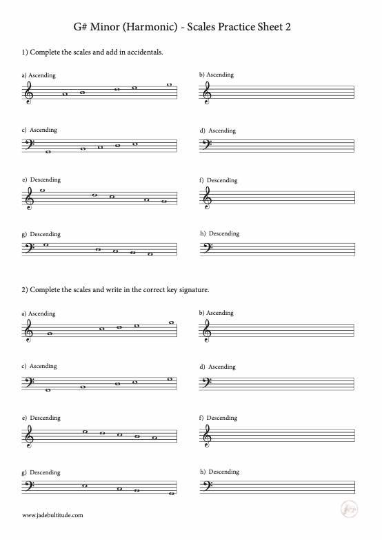 Scale Worksheet, G# Harmonic Minor, key signatures and accidentals