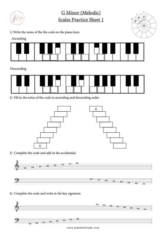 Scale Worksheet, G Melodic Minor, learning the notes