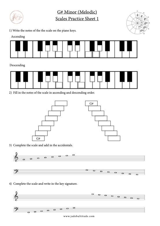 Scale Worksheet, G# Melodic Minor, learning the notes