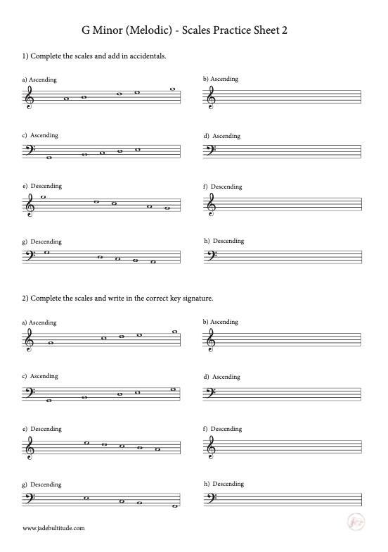 Scale Worksheet, G Melodic Minor, key signatures and accidentals