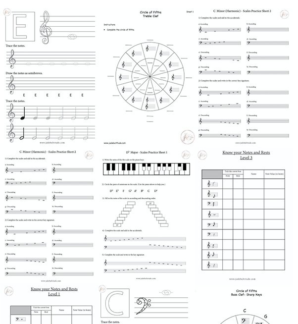 Music Theory, Worksheets, Covering grades, notes, rests, rhythms