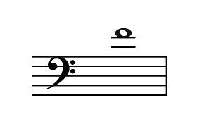 Bass Clef, F above middle C, ledger lines, semibreve, whole note