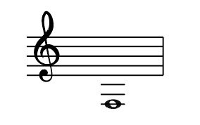 F below middle C, treble clef, semibreve, whole note, transpose down octave, answer