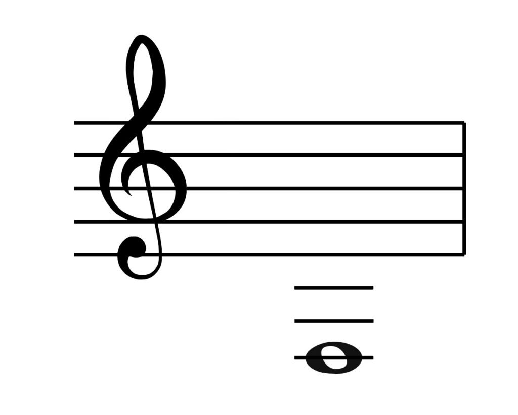 French horn sounding pitch, F below middle C. 