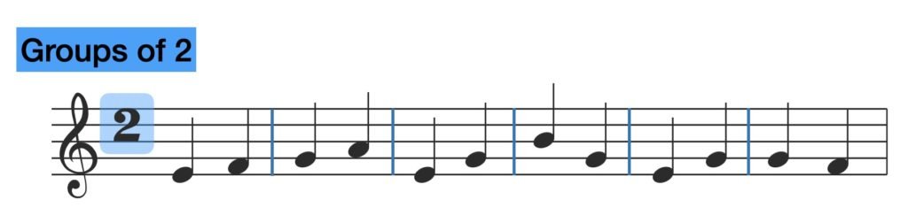 groups of 2, time signature, melody, crotchets