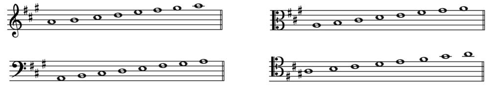 A major scale, A major, scale, three sharps, sharp scale, tenor clef, alto clef, treble clef, bass clef
