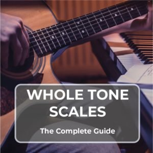 Musicians playing guitar, keyboard, banner saying whole tone scales