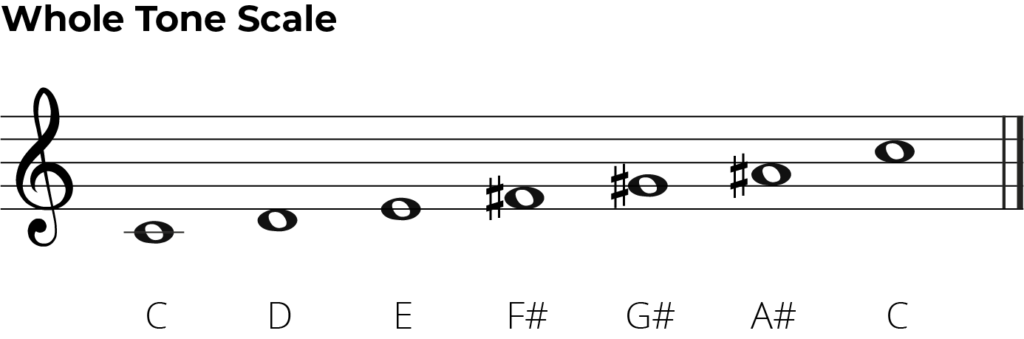 whole tone scale, treble clef, starting on middle C