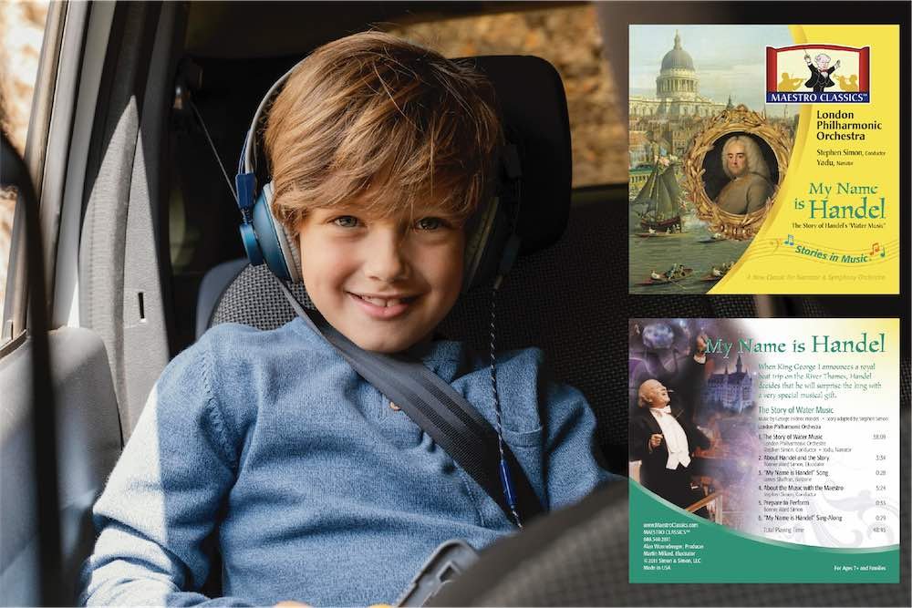 Maestro Classics, My Name is Handel. Child listening to headphones in car. 