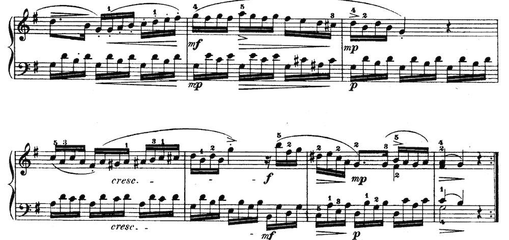 Mozart sonata music, 8 meausres of music showing simialr rhythm in harmony as melody