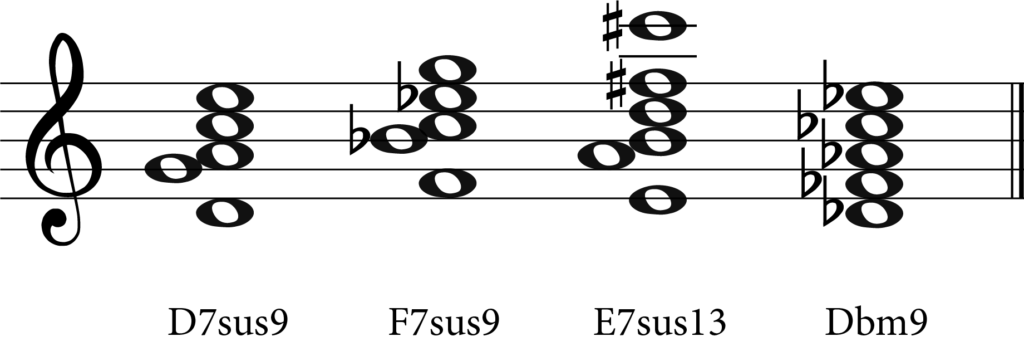 Chord progression D7sus9, F7sus9, E7sus13, Dbm9