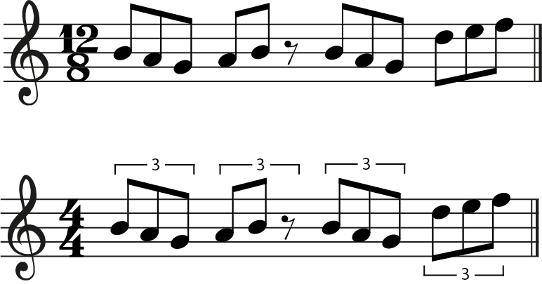 measure in 12:8, 4:4 measure with triplets
