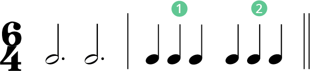 meter 6:4 showing two strong beats divided into two gorups of three quarter notes