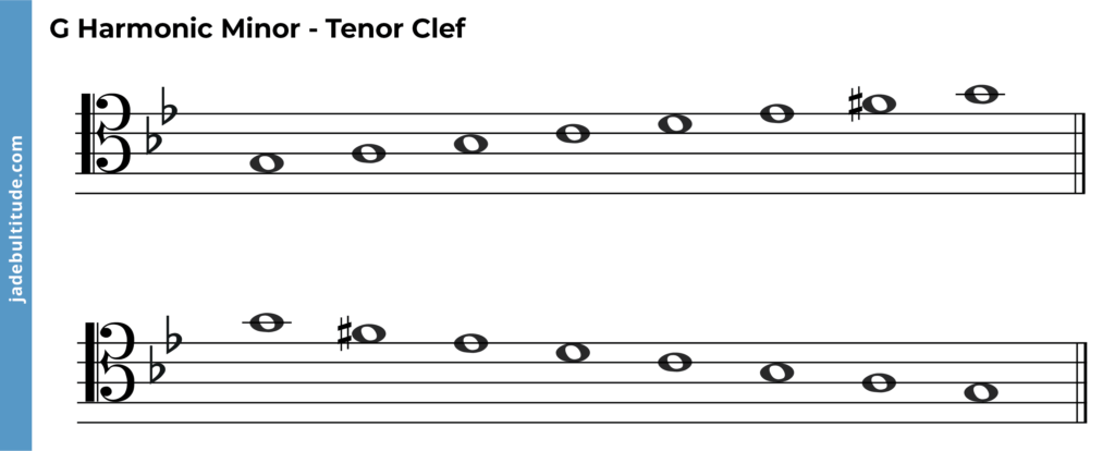 g harmonic minor scale, ascending and descending, tenor clef