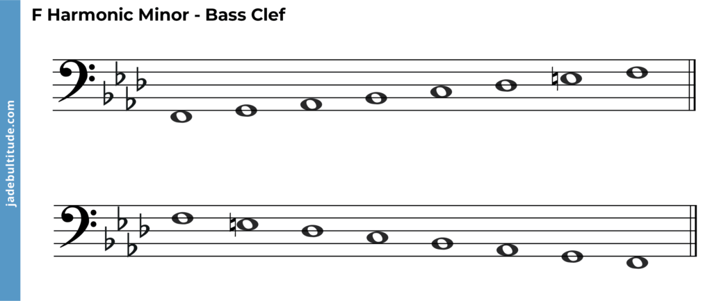 f harmonic minor scale, ascending and descending, bass clef