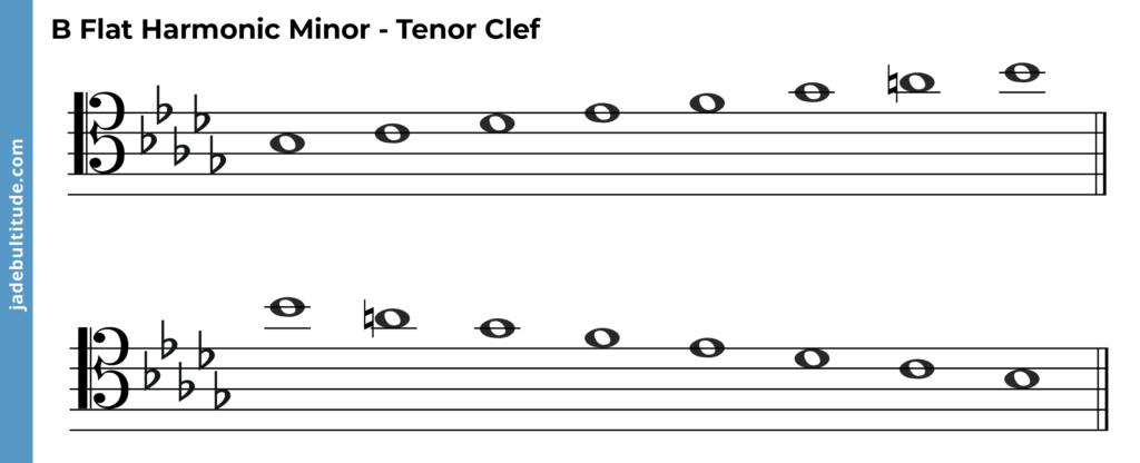 b flat harmonic minor scale, ascending and descending, tenor clef