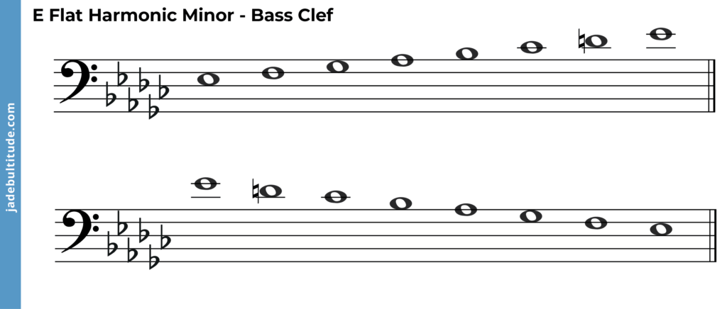 e flat harmonic minor scale, ascending and descending, bass clef