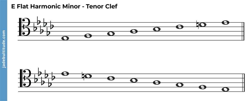 e flat harmonic minor scale, ascending and descending, tenor clef