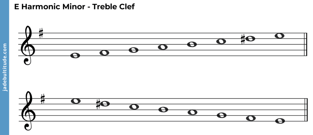 e harmonic minor scale ascending and descending, treble clef