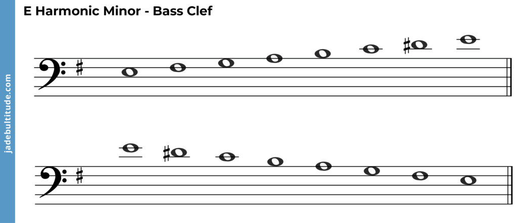 e harmonic minor scale ascending and descending, bass clef