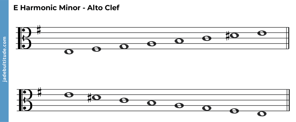 e harmonic minor scale ascending and descending, alto clef