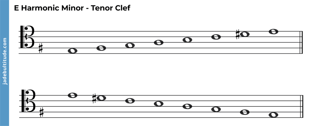 e harmonic minor scale ascending and descending, tenor clef