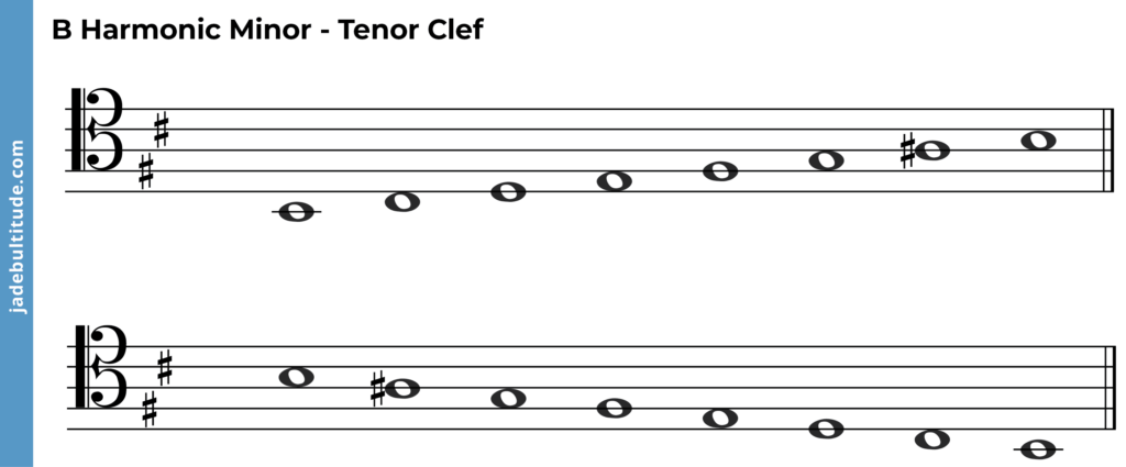 b harmonic minor scale, ascending and descending, tenor clef