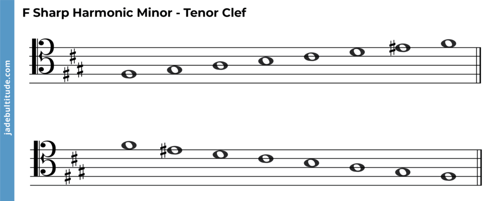 f sharp harmonic minor scale, ascending and descending, tenor clef