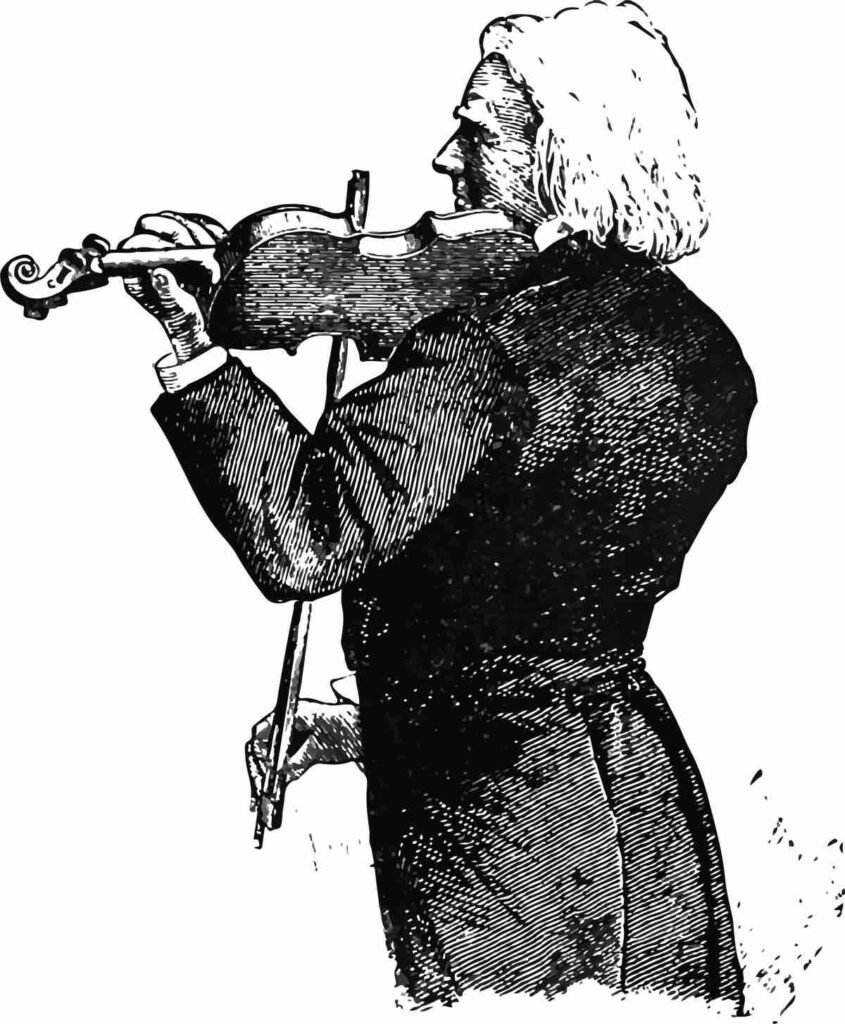 black and white image or musician playing a violin