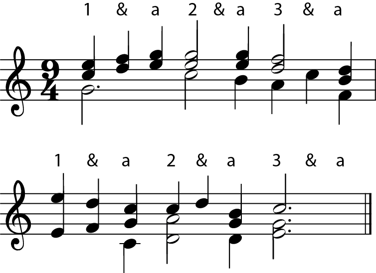 two complex measures in 9:4 with beats labelled