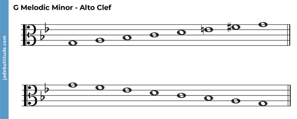 G Melodic Minor Scale alto clef ascending and descending