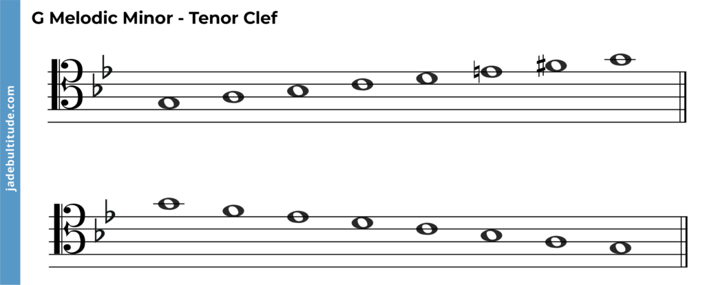 G Melodic Minor Scale tenor clef ascending and descending