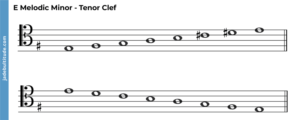 e melodic minor scale, tenor clef ascending and descending