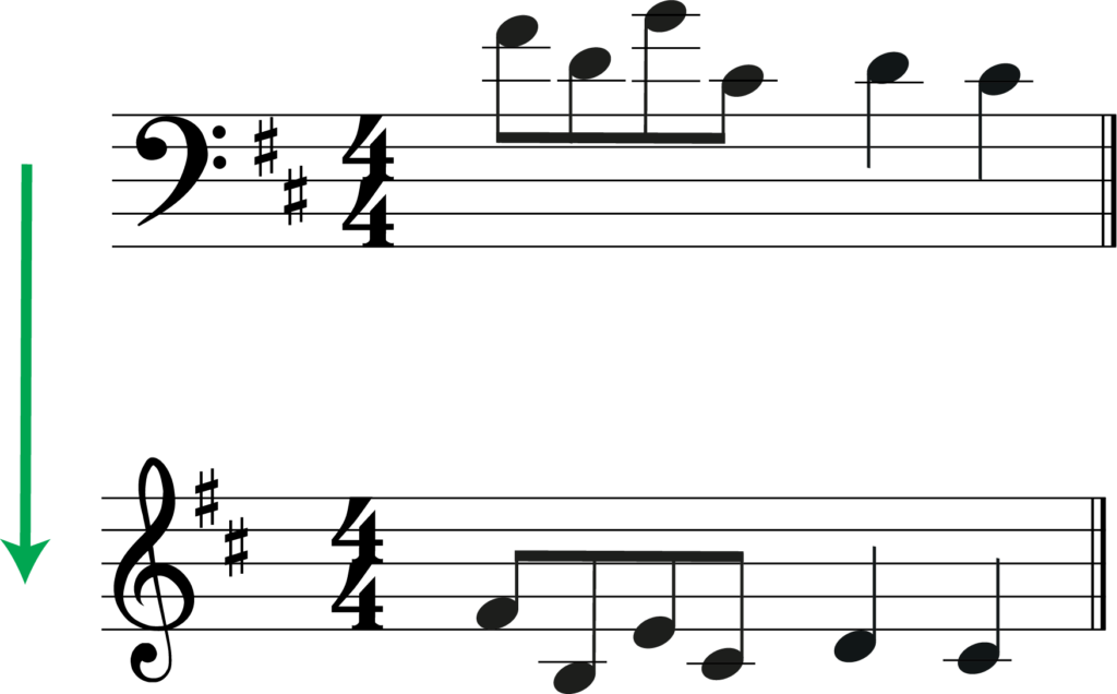 melody in D Major transpose bass clef to treble clef