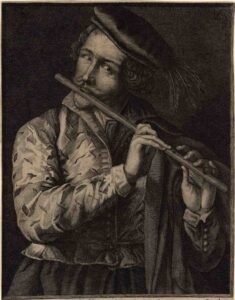 man playing renaissance flute portrait painting